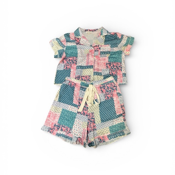 Simply Southern Other - Simply Southern Patchwork Pajama Set - Pink & Teal - Ruffle Shorts w/ Pockets